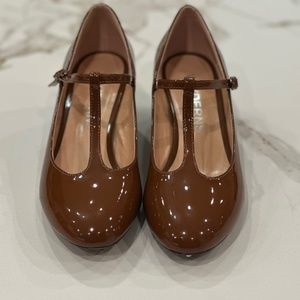 Women's Patent Leather T Strap Ankle Strap Round Toe Low Chunky Heel Pumps Shoes